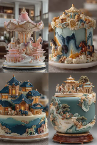 美食摄影，一个旋转木马造型的蛋糕，豪华，中国亭台楼阁建筑风格，不同颜色的马，放在奶油糖霜营造的雪地中，童趣，天然色素，食欲感。
