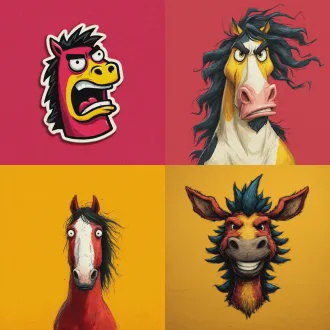 卡通马脸表情包设计，夸张可爱幽默，辨识度高，适合聊天，包含兴奋快乐愤怒伤心等丰富表情，线条清晰色彩鲜艳，矢量插画风格，平面设计，高对比度，明亮背景，简约构图，情绪表达强烈，视觉冲击力强，适合网络传播。