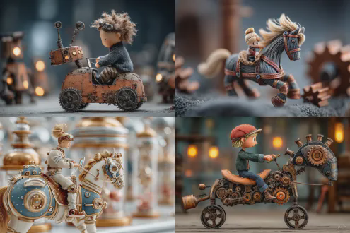 一匹金属机械马，空心马背凹陷成驾驶舱，可爱孩童坐在舱内开心点击马颈触摸屏，蒸汽朋克实验室背景，工业齿轮与发光管线，电影级构图，低角度镜头，景深虚化，动态光效，赛博霓虹色调，快乐表情。