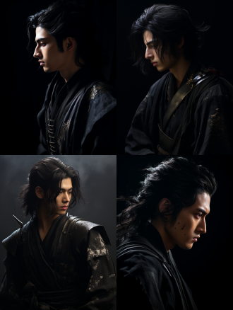 青年武士，黑色衣服，黑色头发，沧桑，目光凌厉黑色衣服，侧脸，柔光，无背景