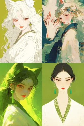 thousand-year fox spirit，扁平风格 工笔画，牛油果绿背景，极简艺术，白色长裙，超低胸深v突出，烈焰红唇，迷人眼神，绿色复古宝石耳环，正对镜头，面部特写，全身照，优雅，娴静开心情绪。 头部特写 ，柔和光线，柔和色调。8k超高清