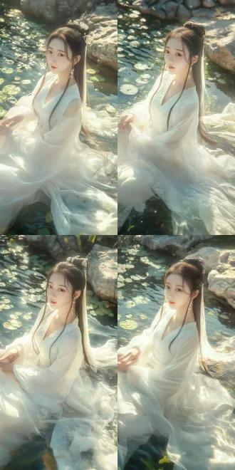 白衣古装女子，玄幻仙境，飘渺云雾，青山碧水，优雅姿态，完美构图，超清细节，丝绸质感，飘逸长发，淡然微笑，阳光透过薄雾，暖色调，广角镜头，柔光，慢快门，仙气缭绕，宁静致远，古典美学，柔和阴影，细腻纹理，金色光晕，梦幻场景。