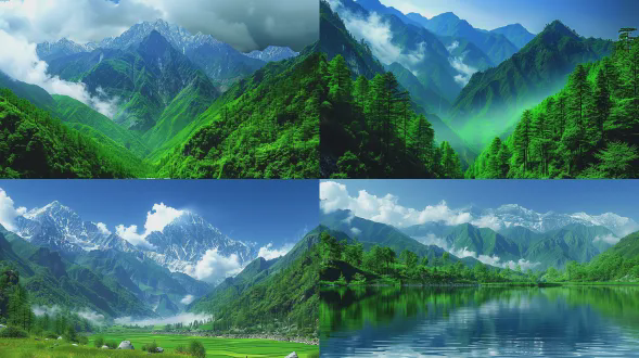 补全第一张图的绿色部分为山川树林和天空，全景构图，数字绘画风格，山脉连绵树林茂密天空蔚蓝，自然主义，广角镜头，高动态范围，顺光，平静，宁静。