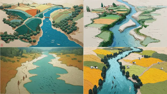 厚涂油画风格，俯视极简构图，米色纹理纸背景，中央斜置地形块作为视觉主体，微型乡村景观，上部黄色区域牛羊吃草，中部绿色果树，下部浅绿色山林茶园，y字型蓝色河流游鱼与跃鱼，明显笔触与颜料堆叠，厚薄对比塑造立体感，大面积留白，细节精致，温暖自然色调，宁静田园情感，顶光，高分辨率，4:3画幅。