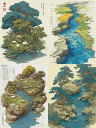 俯视极简构图，大面积米色纹理纸背景，中央倾斜地形块为主体，微型乡村景观，上部黄色有牛羊吃草，中部绿色枇杷果树，下部浅绿色山林茶叶，y字型蓝色河流有游鱼跃出，厚薄笔触塑造立体感，留白与细节对比，鸟瞰视角，微距摄影，柔和自然光，丙烯画风格，平静和谐，4:3画幅。