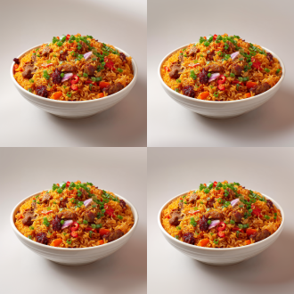 一大碗炒新疆手抓饭，饭与肉块，胡萝卜块，洋葱粒等食材相融合，纯白色背景，细节，碗要大，相比起来，米饭和辅料显得小了很多，加入酱油和糖色后的特有亮红色