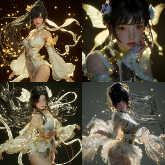 "3d anime girl with flowing black hair in physics simulation, pale gold iridescent eyes with butterfly lashes, traditional chinese fairy bone structure, wearing cloud-patterned wide sleeves with luminous lotus waistband, translucent chiffon ribbons floating around, glowing fingertip particles and golden dust trails, soft sss skin shader, unreal engine 5 rendering, genshin impact style, cinematic lighting, intricate accessory details, cold color palette with crimson accents, ethereal atmosphere, mystical qi aura, blender + octane render workflow, trending on artstation