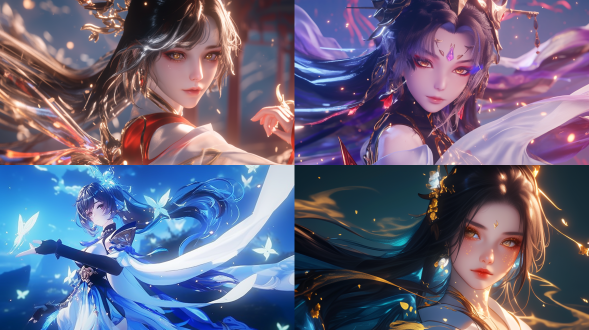 "3d anime girl with flowing black hair in physics simulation, pale gold iridescent eyes with butterfly lashes, traditional chinese fairy bone structure, wearing cloud-patterned wide sleeves with luminous lotus waistband, translucent chiffon ribbons floating around, glowing fingertip particles and golden dust trails, soft sss skin shader, unreal engine 5 rendering, genshin impact style, cinematic lighting, intricate accessory details, cold color palette with crimson accents, ethereal atmosphere, mystical qi aura, blender + octane render workflow, trending on artstation