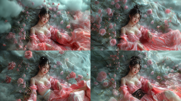 wlop and artgerm, ultra-realistic 3d computer-generated images. a chinese fantasy-style woman with a delicate face, almond eyes, captivating and serene expression, her small mouth slightly open. her hands and fingers are healthy and complete, with long fingers and naturally detailed nails, and her skin is flawless. her black hair is tied up in a simple single braid, secured with a black silk ribbon. dynamic pose: elegantly sitting sideways on a carpet of lush green grass, adding a touch of elegance to the scene, one hand firmly supporting the ground, with the center of gravity resting on this hand. her posture is graceful and elegant. attire: wearing a traditional pink silk robe, with a white crop top embroidered with a black dragon pattern underneath, paired with a flowing black long skirt, a pink belt around her waist, and adorned with a silver necklace and black earrings. environment: a supernatural floating island in the sky. swirling clouds envelop the island, and the ground is covered with ethereal plants, their lush branches and leaves blooming in various colors. they emit a soft, magical glow, blending with the ambient light around, with a soft cinematic backlight, depth of field focusing on her, with brilliant sunlight and shadows.