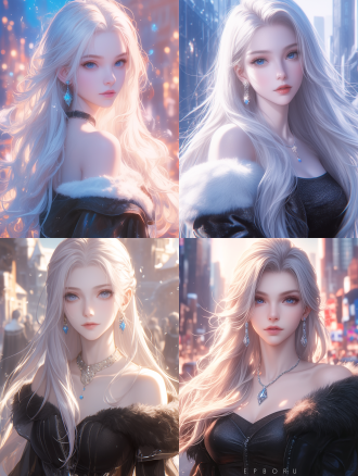 ultra - realistic, 8k, detailed, beautiful girl with long white hair, blue eyes, wearing black off - shoulder jacket, diamond - shaped earrings, in a busy city street at dusk, with blurred background of buildings and people, soft lighting, wind blowing hair