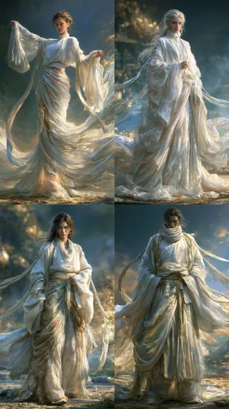 一件写实服装设计，服装细节 款式 - 内层：月白色交领广袖中衣，交领领口高度偏高，锁死脖颈，袖口宽大垂坠，衣身面料是柔滑哑光薄纱。 ​ - 中层：浅赤绯色薄纱齐腰襦裙，裙身做多层叠纱，层数厚实，不会透。 ​ - 外层：半透乳白大袖纱衫，宽松飘逸，不贴身，罩在外层；肩背延伸出两条长飘带，随风轻轻浮动。 ​ - 下装：襦裙之内搭配同月白薄纱衬裤，完整覆盖腿部，杜绝走光风险。 无任何铠甲、护片、金属构件，全部是纱、丝织物。 色彩体系 - 主色：月白、乳白（对应元果乳白外壳） ​ - 辅色：浅赤绯（柔和点缀）