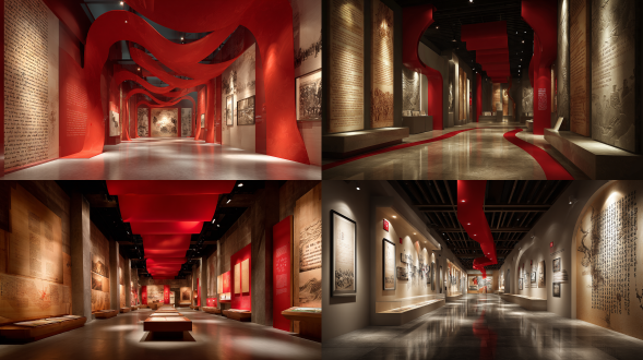 廉政教育的展厅设计，暖色系的书简背景墙上文字叙述，一条红色飘带贯穿整个展厅内部，墙上有革命场景的浮雕，广角镜头，对称构图，柔和均匀光线，庄重肃穆氛围，文化厚重感，视觉冲击力，线条流畅，空间层次丰富。