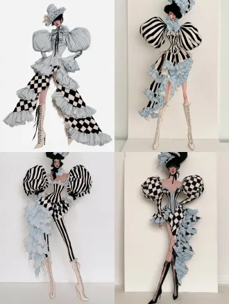 fashion illustration watercolor sketch, 8-head fashion figure, tall slender model, clothing design by erik charlotte, deconstructed victorian style, rigid steel boned corset extreme hourglass waist, giant puffed leg-of-mutton sleeves, asymmetrical ruffled tiered torn skirt, vintage circus harlequin motif, striped fabric, dramatic sculptural silhouette, theatrical avant-garde couture, elaborate hat accessories, laced tall heeled boots, soft watercolor wash, fine ink outline, textured watercolor paper, realistic subtle skin tone, delicate facial features, on clean white drawing paper, hand drawn fashion plate, romantic grotesque aesthetic
