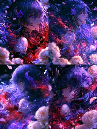 anime girl, long indigo-purple wavy hair, purple eyes, cold melancholy expression, purple flower crescent hair ornament, shoulders, crystal ice-crack skin decoration, surrounded by splashing crimson-red and violet ink, floating flower petals, pale blooming peonies, glittering particles, dark night background, cold blue-purple vs fiery red contrast, dreamy ethereal, watercolor splash, translucent crystal texture, soft glow, shallow depth of field, vertical portrait, ultra detailed, beautiful lighting