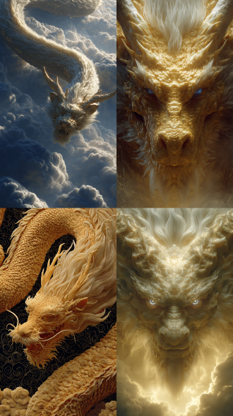 ultra photorealistic cinematic full-body panoramic wide shot of a colossal 10000-year-old eastern dragon huanglong, embodiment of eternity and divine supremacy. its endless golden body arcs across the sky like the backbone of the heavens, every scale burning with radiant brilliance beyond sunlight. an immense ivory mane flows as if woven from celestial light, stretching endlessly with the wind. its towering horns blaze with halos of divine fire, splitting the clouds into luminous patterns. the dragon’s piercing azure eyes shine like twin stars, casting their light over oceans, mountains, and continents below. around it, auroras and cosmic rings spiral across the horizon, while golden rays break through a storm-torn sky, crowning the dragon as the eternal ruler of all realms. captured from an infinite aerial wide-angle, its sheer size fuses with the sky and earth itself, making it indistinguishable from the very fabric of creation. dslr clarity, ultra photorealistic, cinematic lighting, 8k, sharp focus