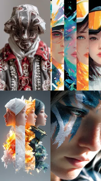 series of surreal photorealistic portraits, diverse people blending into abstract digital patterns, futuristic artistic style