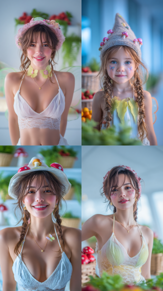 保持脸部不变，给我生成一组6张不同表情姿态不同取景框的照片（包含表情特写镜头）： 森系精灵风主题儿童写真 ，童话感风格。宝小女孩、梳双麻花辫，发丝微卷，戴着饰有粉色花朵和红色蘑菇的复古尖顶魔法帽，穿白绿条纹长袖上衣+缀白色圆形纽扣的绿色背带裤，（脚穿绿色袜子）脖子上佩戴黄绿渐变立体叶片装饰（像是围兜），脸上有蝴蝶精灵贴纸，笑眼弯弯，可爱搞怪，萌翻了。后背还有一对绿色渐变叶脉纹理的翅膀，背景是白色的摄影棚，有编织篮、红色浆果、蕨类绿植，整体色调清新绿色系，光影柔和，充满童真治愈感，比例3:4。