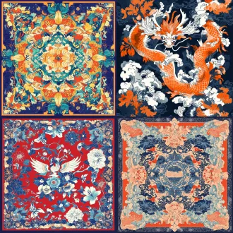 生成一幅龙门农民画元素的适合于丝巾设计的图案