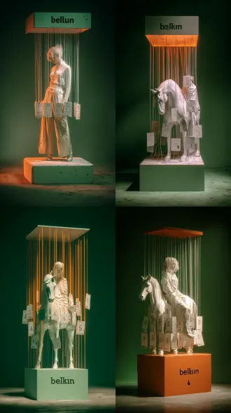 there is an ice-white horse in a semi-transparent resin style, with the charm of the future. the light white and orange background interact with colors. the neon bright colors, the soft contrast, the sculptural clothing, minimalism, full-body view