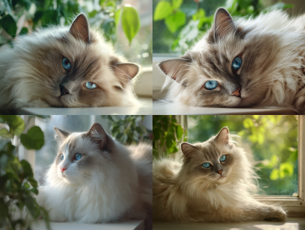 一只温顺的布偶猫，毛发蓬松柔软，蓝色眼睛如宝石般清澈。它慵懒地蜷缩在阳光洒满的窗台上，窗外是模糊的绿色植物。光线柔和温暖，猫咪的呼吸声仿佛可闻。超写实风格，摄影级别，专业相机拍摄，大光圈，景深虚化，细节丰富，毛发根根分明，湿润的鼻头，高分辨率，8k，自然光照，柔和色调。
