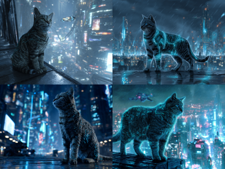 a lean and agile tabby cat with subtle blue glowing circuitry embedded in its fur. it stands vigilantly on the edge of a towering futuristic skyscraper, with a rainy night cityscape illuminated by neon lights and holographic projections behind it. the ground is slick and reflective, and distant flying vehicles can be seen. cyberpunk style, futuristic, high contrast, intense neon lighting effects, cinematic, wet reflective surfaces, motion blur effect, strong dark and light contrast, technological feel, 8k, high detail.