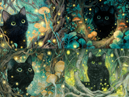 神秘黑猫闪烁幽绿眼瞳，古老树根与萤火虫环绕，发光蘑菇藤蔓点缀，梦幻森林背景，手绘插画风格，水彩铅笔混合，柔和光晕，精致细节，高饱和柔和色彩，童话插页氛围，艺术感强烈，4k分辨率，广角镜头，侧逆光，静态构图，静谧神秘，魔法气息弥漫，唯美超现实。