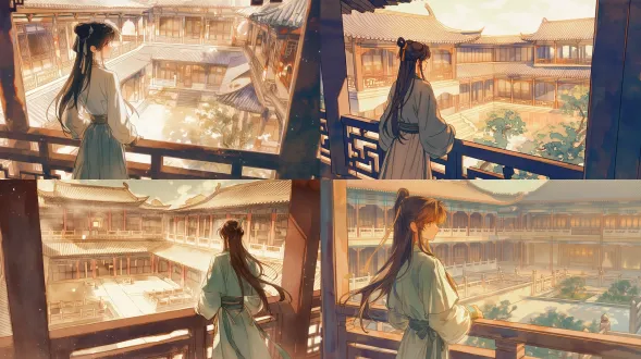 李清照着宋制素罗裙凭栏远眺，易安堂雅致庭院，全景构图，古建庭院，暖柔光，水彩插画，柔焦镜头，淡墨色调，静谧诗意，温馨雅致。