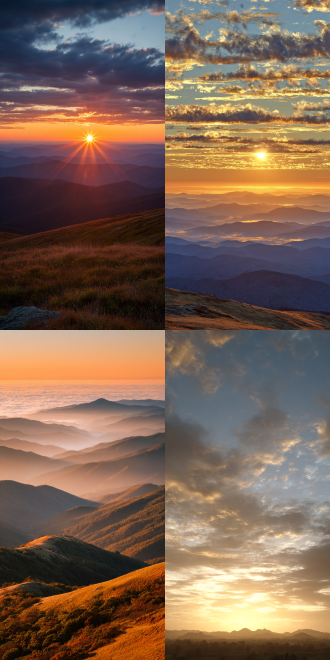 壮丽的日出，金色阳光穿透云层，广阔地平线，山脉轮廓，温暖渐变色调，广角镜头，高动态范围，柔和散射光，宁静氛围，金色和橙色调，云层层次感，自然风光，壮观宏大，4k画质，高细节，远景构图，晨光微露，宁静与希望。