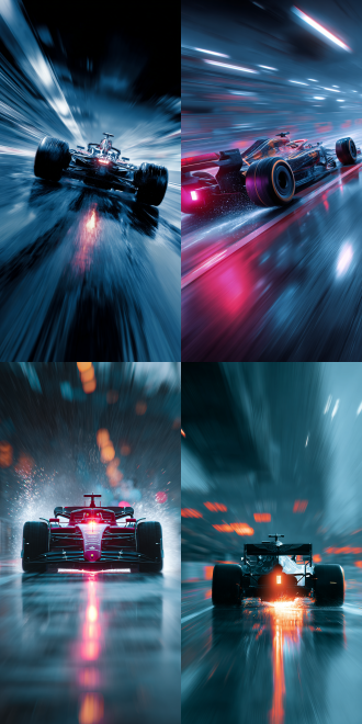 f1赛车疾驰，赛道动态模糊，极速感，高清壁纸，4k画质，细节丰富，碳纤维纹理，轮胎飞溅水花，广角镜头，低角度拍摄，追焦模式，金属光泽，冷色调，霓虹灯光，速度线，动态构图，强烈对比，引擎喷火，未来科技感，激情澎湃