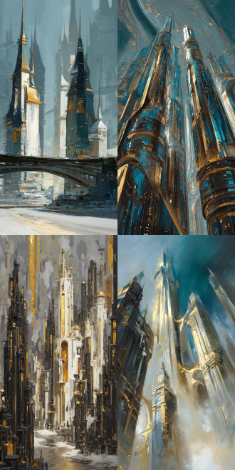 油画风格近未来城市，低角度拍摄，黑金与青瓷色调交织，流体建筑线条，参数化设计，黄金装饰点缀，高调照明与氛围感灯光结合，莫奈式光影，新未来主义美学，动态构图，冷色调与暖色对比，神秘且奢华，未来感建筑群，柔和过渡，朦胧大气，细腻笔触，科技与艺术融合。