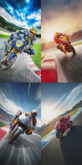 摩托车职业运动员疾驰赛道，动态构图，高速运动模糊，专业赛车服和碳纤维头盔，坚定专注的表情，户外阳光强烈，赛道蜿蜒，背景虚化，极高清画质，广角镜头，低角度拍摄，侧逆光，鲜艳色彩，动感张力，金属质感，专业体育摄影，震撼视觉冲击。