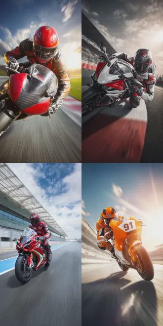 一名摩托车职业运动员疾驰赛道，动态构图，高速运动模糊，专业赛车服和碳纤维头盔，坚定专注的表情，户外阳光强烈，赛道蜿蜒，背景虚化，极高清画质，广角镜头，低角度拍摄，侧逆光，鲜艳色彩，动感张力，金属质感，专业体育摄影，最顶级的震撼视觉冲击，最强画质呈现。