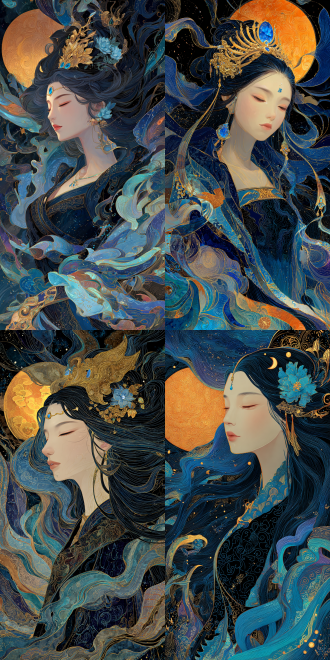 this is a highly detailed,digital artwork depicting a serene,ethereal woman with long,flowing black hair. the style is reminiscent of traditional asian art,particularly chinese or japanese,with intricate,fluid brushstrokes and vibrant colors. the woman's face is serene,with closed eyes and a delicate,almost otherworldly expression. her skin is pale,and her features are fine and delicate,typical of east asian beauty standards., she is adorned with an elaborate,golden headdress that includes a small,blue gem. her hair is adorned with golden ornaments and a delicate blue flower,enhancing her ethereal appearance. she wears a dark blue,flowing dress with intricate,gold patterns that blend seamlessly into the surrounding elements,giving the impression of her being part of the fantastical landscape. the dress flows like a gentle breeze,with swirling,ethereal patterns and wisps of blue and gold,enhancing the sense of movement and fluidity., the background is a rich tapestry of celestial elements: a large,glowing orange moon dominates the upper left,and the sky is a mix of deep blues,purples,and blacks,dotted with twinkling stars. this fantastical blend of elements creates an enchanting,dreamlike atmosphere.,