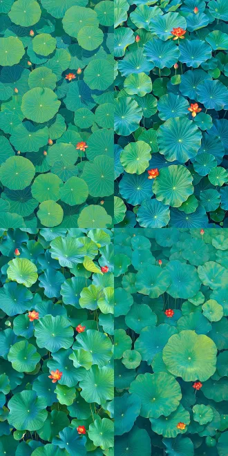 这是一张色彩极具视觉冲击力的植物俯拍图，主要展现了旱金莲的特写。 画面中铺满了层层叠叠的圆形叶片，叶片呈现出浓郁的蓝绿色调，清晰可见的叶脉从中心向四周辐射，像一个个精致的小盾牌。在这些深浅交织的绿叶之间，点缀着几朵鲜红带黄的旱金莲花。红黄色的花朵与蓝绿色的叶片形成了强烈的冷暖对比，使得整个画面显得生机勃勃、饱满而富有层次感。