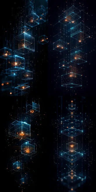 这是一张极具未来感和科技感的抽象艺术图。 画面主体是多个由密集光点构成的圆角立方体，悬浮在深邃的黑色空间中。这些立方体仿佛是由光粒汇聚而成的半透明结构，部分内部还包裹着发光的橙色核心。细长的线条贯穿其间，将这些元素上下连接，如同精密的数据链或悬浮的传感器。 整体画面通过冷色调的蓝色光点与暖色调的橙色光芒相互映衬，营造出一种神秘、前卫且充满数字流动感的视觉效果，仿佛是高科技网络、数据节点或未来微观世界的具象化表达。