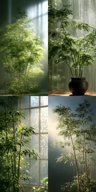 这是一幅兼具写实与艺术风格的植物插画。 画面中央是一丛挺拔舒展的文竹，纤细的茎干与蓬松如羽毛的绿叶交错生长，绿意盎然。它被巧妙地置于一块半透明的磨砂玻璃质感背景中，仿佛是一幅精美的磨砂屏风，透出淡淡的柔光与朦胧感。 整体画面色彩清雅，光影柔和，既有植物生机勃勃的自然感，又散发着一种现代、简约且富有禅意的静谧气息。