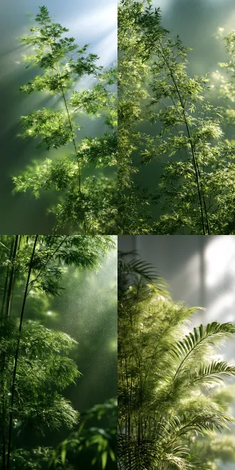 这是一幅兼具写实与艺术风格的植物插画。 画面中央是一丛挺拔舒展的文竹，纤细的茎干与蓬松如羽毛的绿叶交错生长，绿意盎然。它被巧妙地置于一块半透明的磨砂玻璃质感背景中，仿佛是一幅精美的磨砂屏风，透出淡淡的柔光与朦胧感。 整体画面色彩清雅，光影柔和，既有植物生机勃勃的自然感，又散发着一种现代、简约且富有禅意的静谧气息。