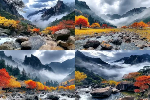 高山林立。云雾缭绕。晨光。秋色。秋色。小溪。。巨石。