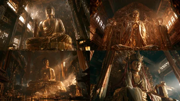 如来佛祖，16:9宽幅，灵山大雷音寺，庄严面容，直立静立，发丝微动衣摆轻垂，鎏金佛身丝织袈裟，赤金暗金朱红乳白，索尼venice，panavision c 24mm f/1.4，全画幅，冷云光微暖侧光，体积光阴影，写实cg，pbr材质，肃穆神圣。