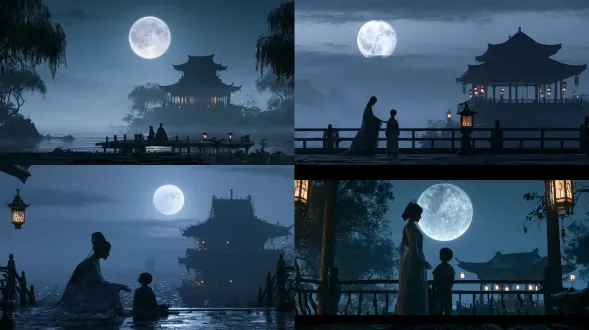 16:9，8k，影视级3dcg，柳如烟侧身伸手邀约少年，少年微微摇头，目光望向天边月色，夜空一轮冷月，阁楼灯火，静谧苍凉，极简构图，冷灰色调，氛围感拉满