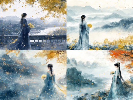 海报，寒露节气，水墨风格，山水背景，落叶飘舞，晨雾朦胧，穿汉服的女子，优雅站立，手持菊花，微笑宁静，淡蓝与金黄主色调，低饱和度，柔和光线，远景构图，传统中国画质感，细腻笔触，氛围感，静谧，诗意，冷色调点缀，秋风轻拂，传统文化元素，意境深远