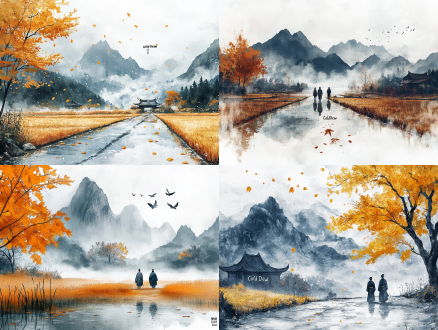 寒露节气，水墨画风格，金色落叶飘零，清晨薄雾笼罩山峦，艺术字“寒露”融入自然，细腻笔触，远景有农夫收割稻谷，近景露珠晶莹，冷色调，柔焦镜头，侧逆光，宁静氛围，深远意境。