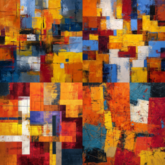 abstract art, vibrant color blocks, interwoven lines, dynamic composition, orange, red, yellow, with accents of blue and white, layered background, rich texture, modern art style, energetic and passionate, bold and striking