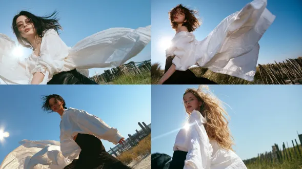 a dramatic low-angle fashion portrait of a young adult woman wearing an oversized white windblown shirt, black skirt and round glasses, looking over her shoulder against a vast clear-blue sky, coastal grass and a weathered fence in the background, strong wind lifting her fabric and hair, bright lens flare, subject in the left third with open sky and coastal depth across the right, stylish anime-realism and premium lifestyle editorial