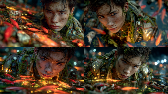 超逼真的肖像，，亚裔男子，身穿被污染的服装，衣服上有藻类，水里是死去的鱼类，漂浮的电子垃圾，人类的生活垃圾，鱼类的尸体，骨头，海水被污染，赛博朋克风格，大场景，人物在画面中央，中景， 反乌托邦 未来主义 摄影纪实 赛博空间 正视 对称构图