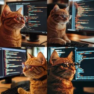 一只戴眼镜的橘猫， 正在电脑前写代码