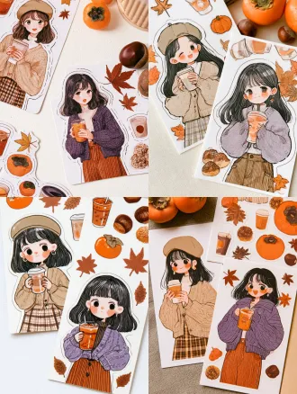 stationery stickers featuring two cute girls, 3/4 size, with clean black fine lines and a little bit of soft shading. the theme is autumn milk tea. the first girl is wearing a khaki beret, a khaki knitted cardigan with a checkered skirt, holding a hot milk tea; the second girl is wearing a purple knitted jacket and a corduroy skirt, holding a sweet potato milk tea. around her are scattered persimmons, chestnuts, maple leaves, milk tea cups, and sugar-roasted chestnuts. the white background sticker sheet, layout follows the handbook sticker sheet, soft colors of autumn warm tones, no background, cute and soothing.