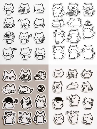 a cute cat character sticker sheet, featuring multiple poses and expressions in a simple doodle style. the stickers have a black outline with a white background, depicting the cat in various moods and activities, such as a happy expression, eating food, sleeping, playing with a ball, wearing a hat, listening to music, talking on the phone, making a "good night" gesture, and giving a thumbs-up pose. the overall style is reminiscent of a storybook illustration, with a charming and cartoon-like character design