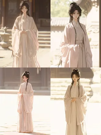 古代江南女子，全身立绘，柔婉眉眼，乌黑长发挽简约发髻，细碎珍珠发饰，淡粉广袖襦裙，衣袂轻盈，肌肤莹润，柔和自然光，庭院背景，细腻笔触，低饱和色调，精致五官，氛围感，高清细节