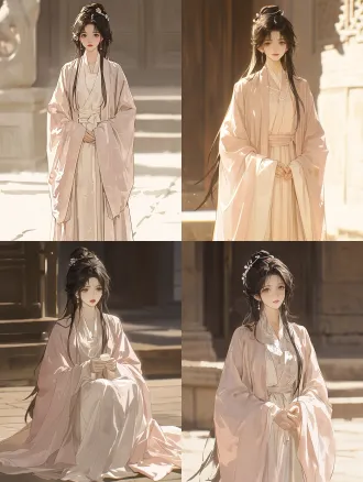 古代江南女子，全身立绘，柔婉眉眼，乌黑长发挽简约发髻，细碎珍珠发饰，淡粉广袖襦裙，衣袂轻盈，肌肤莹润，柔和自然光，庭院背景，细腻笔触，低饱和色调，精致五官，氛围感，高清细节
